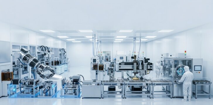 Advanced semiconductor cleanroom with robotic automation, wafer handling and microchip packaging equipment, precision manufacturing, inspection workflow and high tech industrial production.