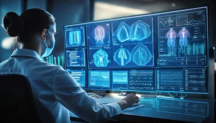 Naklejka premium Medical professional analyzing brain scans on a large monitor.