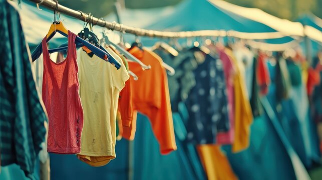 Assortment of worn clothing items hanging on a makeshift rack in a refugee camp, providing essential needs for displaced individuals and families.