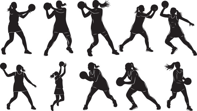 Netball Silhouette vector illustration. Women netball playing vector illustration.
