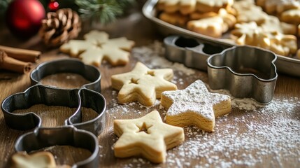 Fototapeta premium Festive Christmas star cookies dusted with powdered sugar with cutters on a rustic surface