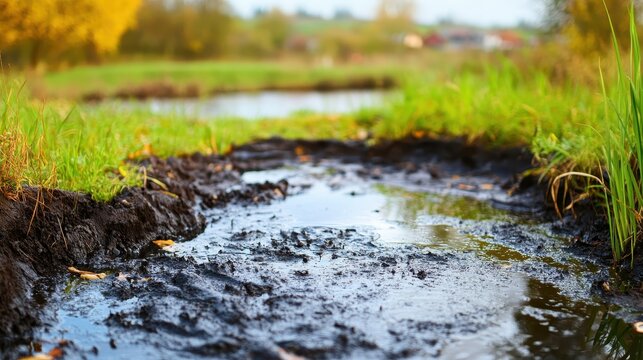 Close-up view of shimmering oil slick on muddy village pond surface with overcast lighting