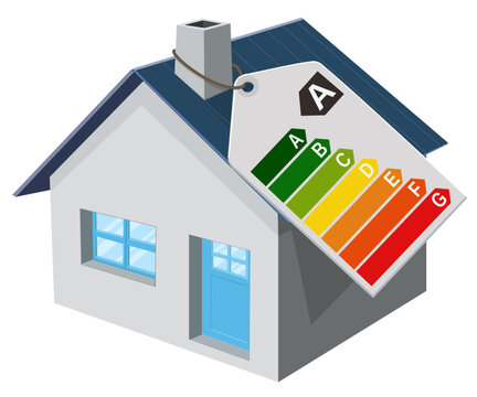 Isometric house with an energy performance certificate tag, representing ecological ratings, home insulation, green building standards, and energy saving costs (cut out)