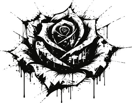 Grunge black rose illustration with ink splatters and dripping paint effect
