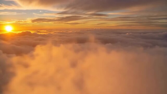 Aerial perspective above cloud formations during sunset 