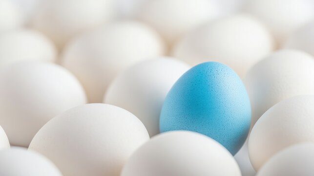 Blue Egg Stands Out: A solitary blue egg distinguishes itself from a multitude of pristine, cream-colored eggs, symbolizing uniqueness, standing out, and embracing individuality. 