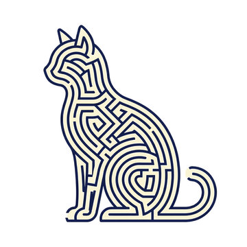 Cat Silhouette Made from Maze Pattern in Minimal Line Art Style