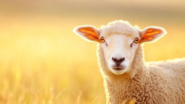 A Golden Sheep's Gaze: A close-up shot of a fluffy sheep bathed in the warm, golden light of dawn, offering a captivating and serene display of rural tranquility.