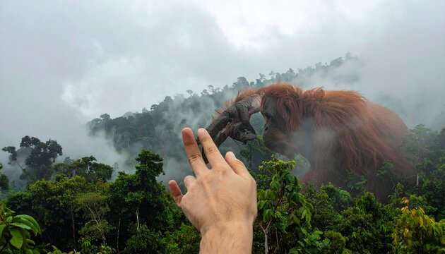 Human and orangutan hands touching in misty Borneo rainforest