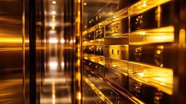 Rows of gleaming gold safe deposit boxes softly illuminated within a secure high-security vault, symbolizing ultimate protection for valuables.