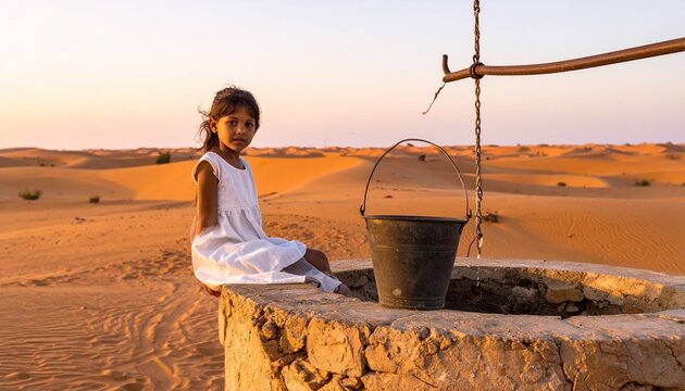 Young girl by desert well at golden hour with empty bucket in Sahel region