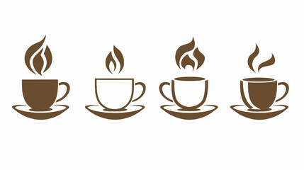 Obraz premium Four variations of steaming coffee cups icons sit neatly on saucers, on white