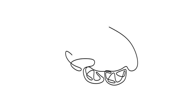 Animated self drawing of continuous line draw of  cooked fish served on a plate with lemon slice   . Full length one line animation. 4K	