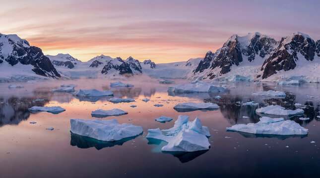 icebergs sunset reflection ocean snow polar landscape winter cold bay a tranquil frozen bay glowing pink with mirrored ice and mountain silhouettes for editorials branding and storytelling