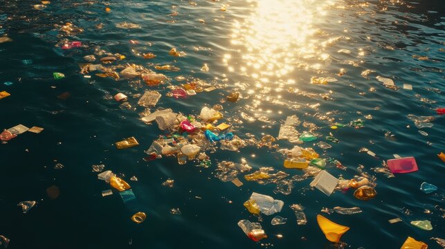 Vast collection of plastic debris floating on the surface of murky water under bright midday sun