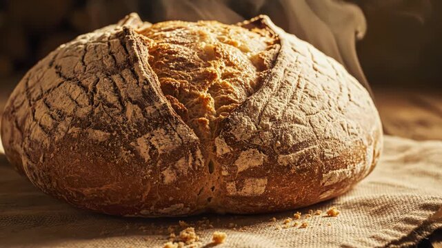 Freshly baked rustic sourdough bread loaf with a crispy floured crust resting on a textured linen cloth on a wooden table under warm golden morning sunlight and soft shadows.