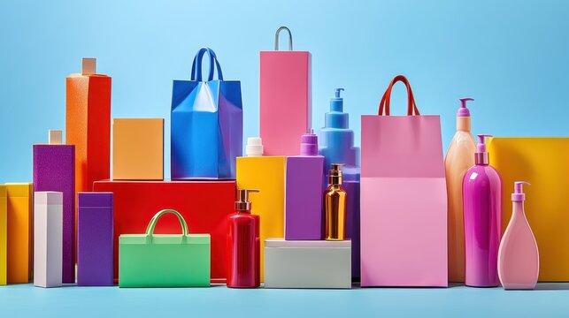 Vividly Colored Product Packaging and Bags Arranged for Retail Display