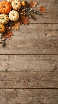 Autumn harvest pumpkins and leaves arranged on a rustic wooden table, warm and cozy. For background With Copy Space 