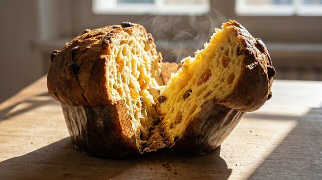 Traditional fruit panetone open with steam on rustic wooden table