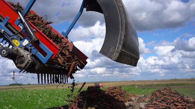 Telephoto View of Organic Carrots Being Loaded into Crates by Harvester in Slow Motion. Modern organic food production and agribusiness logistics. Search CARROT-HARV-2025 for more clips.