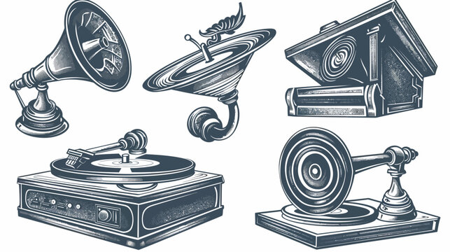 Vintage phonograph and record player sketch illustrations, detailed etching style rendering