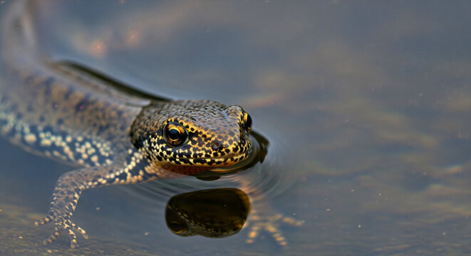 Common Newt Lissotriton vulgaris Submerged in Water Close-up