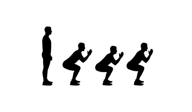 Squat exercise silhouette sequence showing workout steps vector set isolated on white background