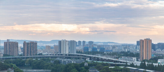 Nanjing cityscape with elevated interchange at dusk © C