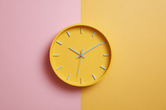 minimalist bright yellow clock on split pink and yellow background