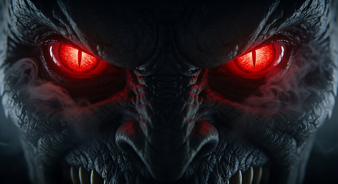 Menacing demon face with glowing red eyes detailed and dramatic on transparent background