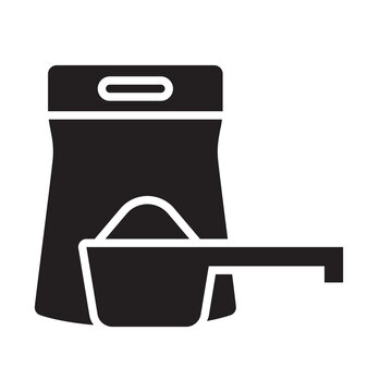 Solid vector illustration of a laundry detergent bag alongside a measuring scoop.