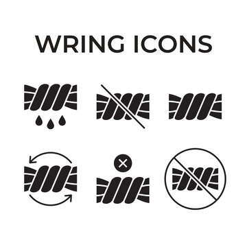 Set of solid vector icons depicting various wring and do not wring laundry care instructions.