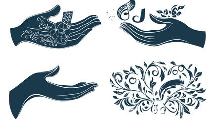 Obraz premium Silhouetted hands holding music notes, vines, flowers, and decorative elements in a white backdrop