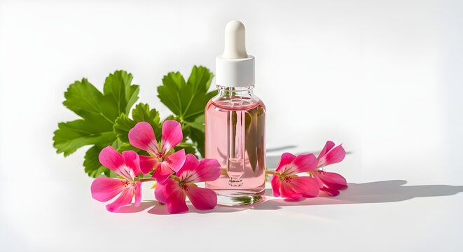 Clean editorial photography of a glass dropper bottle with soft rosy oil, fresh geranium flowers placed beside it, white seamless background, soft shadows