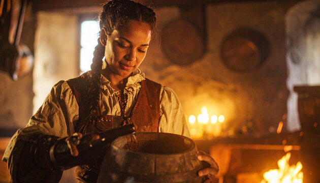 Medieval tavern keeper pouring ale into a wooden flagon  flickering firelight.