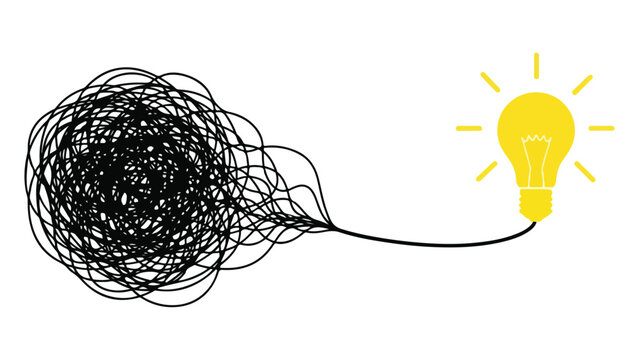 A tangled mess of black lines transforms into a bright yellow light bulb on a white background symbolizing clarity and inspiration