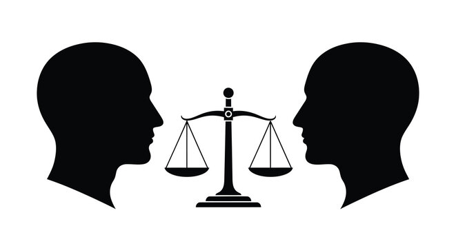 A stark black and white illustration depicts two human profiles facing each other balanced by scales of justice