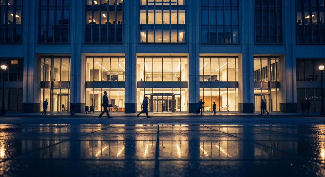Corporate office tower at night glass facade cinematic finance district