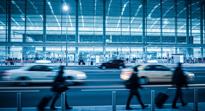 International airport terminal at night departures long exposure travel