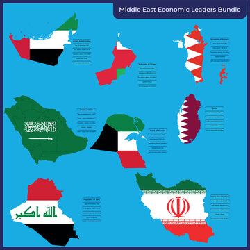 Middle East Economic Leaders Bundle: Professional infographic set featuring 8 country flag-maps with GDP, population and capital city data.