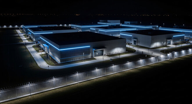 Modern data center campus at night aerial minimal tech infrastructure