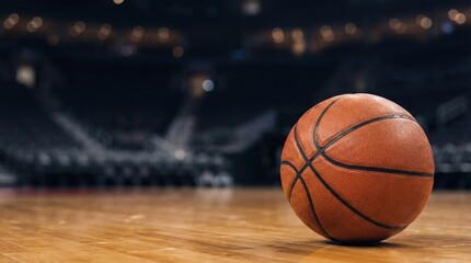 Obraz premium Professional basketball resting on a wooden floor in an empty arena