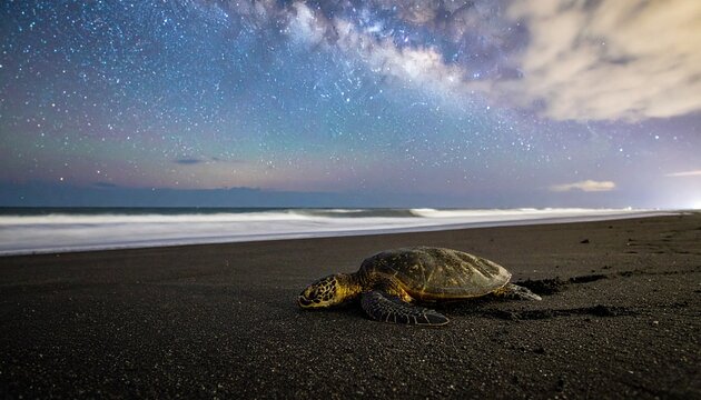 Sea turtle nesting on moonlit beach under starry night sky with ocean waves