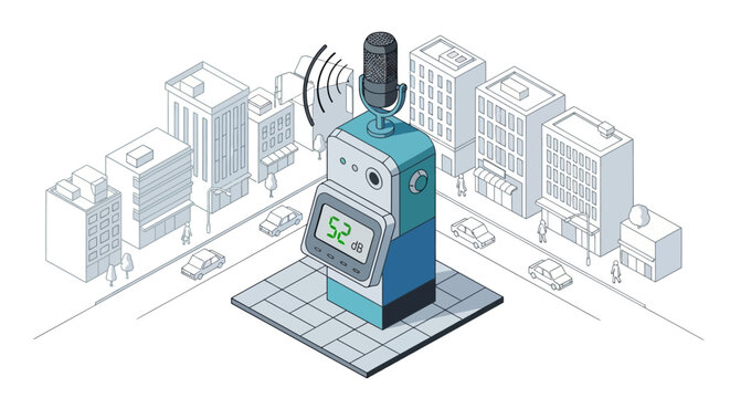 Isometric City Sound Level Meter Measuring Urban Noise Pollution and Decibel Levels, Smart City Environmental Monitoring Concept