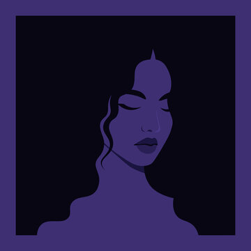 Modern flat vector portrait of a peaceful woman with closed eyes, illustrated in elegant dark purple and navy tones. Mental health, mindfulness, nighttime, dreams, inner peace, and beauty