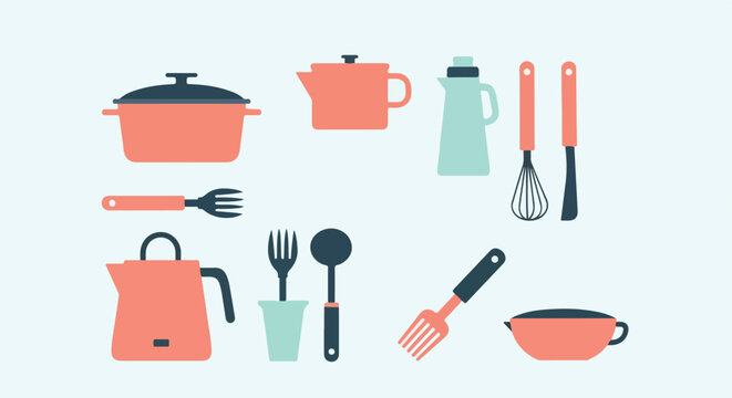 A minimalist collection of kitchen utensils and cookware icons, featuring pots, kettles, and whisks in coral and teal tones on a light background.