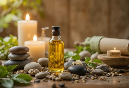 Natural aromatherapy oil bottle with lit candles and smooth stones, serene spa setting with lush greenery and warm lighting. babassu