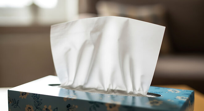 Close up of a facial tissue box with a pulled tissue on transparent background