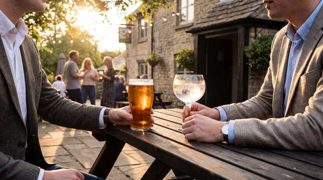 Young professionals enjoying drinks outside traditional British pub at sunset with warm golden hour lighting and relaxed social atmosphere
