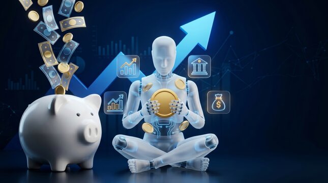AI Robot Holding Gold Coin Sitting with Piggy Bank and Rising Arrow Chart 3d render